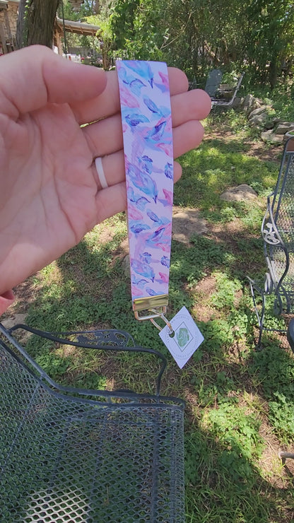 Blue and pink feather wristlet